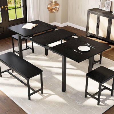 5-Piece Extendable Dining Table Set for 4-8 People,Kitchen Table with 2 Benches & 2 Stools