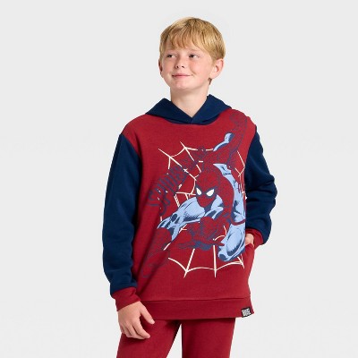 Boys' Marvel Spider-Man Colorblock Fleece Hooded Sweatshirt - Maroon/Navy Blue