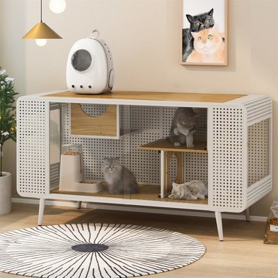 55.12" Cat House With 2 Sliding Tempered Glass Doors, Iron Frames Wood Cat Cabinet House Furniture With Resting Platforms Cave For Living Room Hallway
