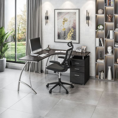 NicBex Home Office Desk L-Shape Morden Computer Desk with 6 Open Storage Shelves, Glass Desktop and Metal Legs for Study and Work