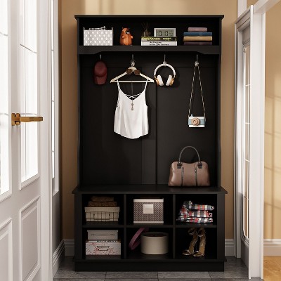 FUFU&GAGA Hall Tree with Bench Coat Rack for Entryway 6 Storage Cube