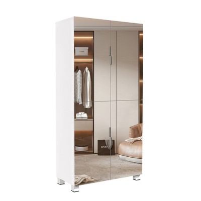 TiramisuBest Narrow White Shoe Cabinet with Mirror, Slim 3-Tier Shoe Organizer Storage Rack for Entryway, Apartment, Home