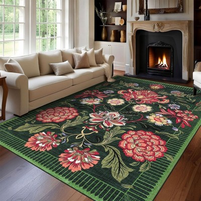 Washable Floral Botanical Rug Non Slip Low Pile Rug Soft Vintage Throw Floor Cover Foldable Indoor Carpet for Living Room Bedroom Playroom Kids Room