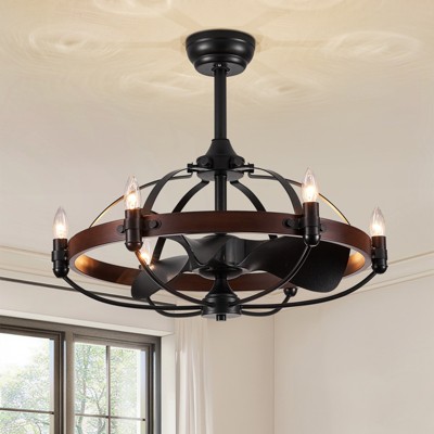 Ludomide 27"  Farmhouse Style Chandelier Ceiling Fan with Light and Remote Control for Bedroom Kitchen Dining Room-Brown Walnut