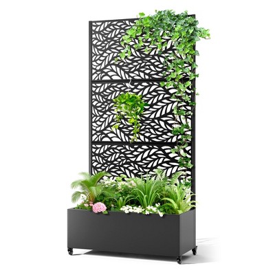 TOAOTBNBO Metal Raised Garden Bed with Leaf Pattern, Outdoor Planter Box with Wheels, Modern Privacy Screen for Garden and Patio