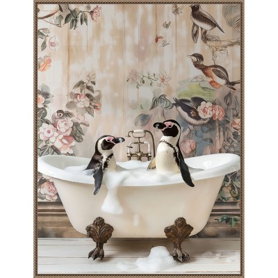 Amanti Art Penguin Pals in a Bubble Bath by Niky Rahner Framed Canvas Wall Art