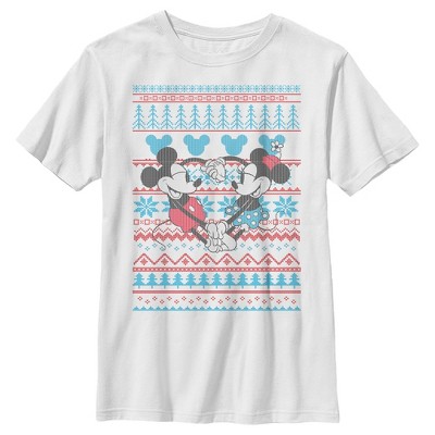 Boy's Mickey & Friends Christmas Mickey and Minnie Blue and Red Print T-Shirt