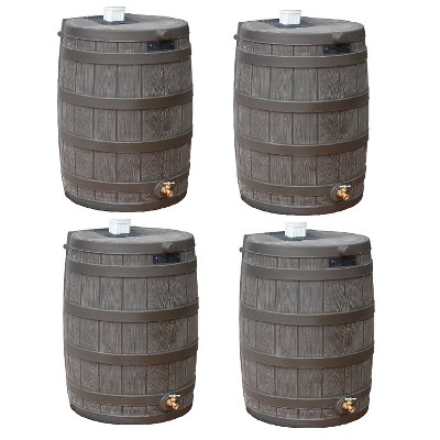 Good Ideas Rain Wizard 50 Gallon Plastic Outdoor Home Rain Barrel Water Storage Collector with Brass Spigot and Flat Back Design, Oak (4 Pack)