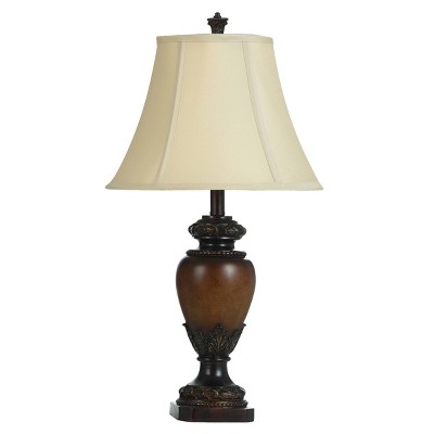Table Lamp Brown Finish - StyleCraft: Ornate Polyresin Base, Taupe Bell Shade, 3-Way Rotary Switch
