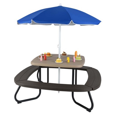 Costway Kids Picnic Table Outdoor Activity Table with Adjustable & Collapsible Umbrella Blue/White/Brown