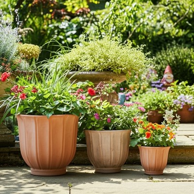 Set of 3 Decorative Clay Planters - Ribbed Design Pottery Flower Pots - Durable & Weather-Resistant for Home & Garden - 13", 10", 8" Red & Orange