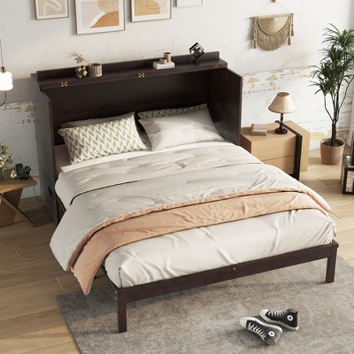 KIGFTSOD Queen Size Murphy Bed, Pine Wood Cabinet Bed with Power Station and Rattan Decoration Panel