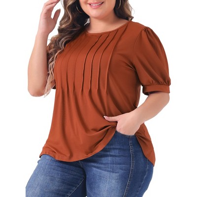 Agnes Orinda Women's Plus Size Puff Short Sleeve Crew Neck Pleated Tunic Blouses