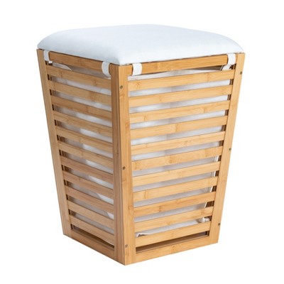 Slatted Natural Bamboo Hamper with Cushioned Lid and Removable Cotton Bag, Natural