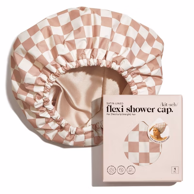 Kitsch Satin Lined Flexi Shower Cap - Terracotta Checker