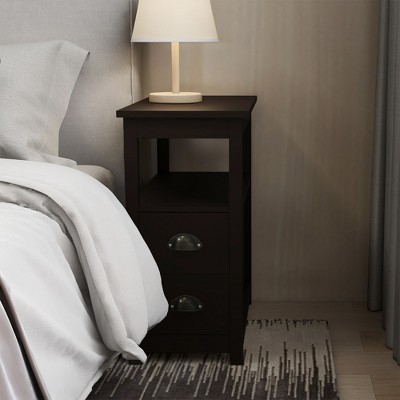KWPZQEB Farmhouse End Table, Narrow Nightstand With 2 Drawers, Slim Bedside Table With Open Shelf, Small Bedside Table for Small Space, Bedroom, Brown