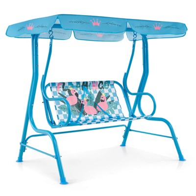 Costway 2-Seater Toddler Porch Swing Chair with Metal Stand Adjustable Canopy Safety Belts Blue/Pink/Yellow