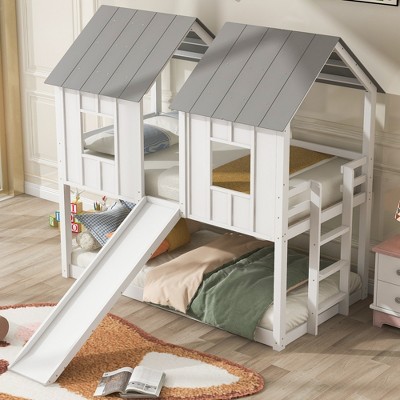 Whisen Twin over Twin House Bunk Bed with Slide and Windows - White