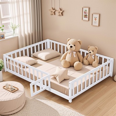 CAVINAS Full Size Platform Bed Frame with Door & Fence,Wooden Floor Bed for Kids Room,Bedroom