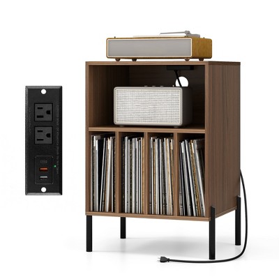 Tangkula Record Player Stand w/Charging Station 5 Storage Compartments Anti-toppling Kits