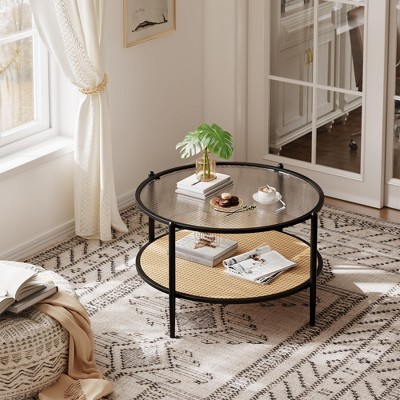 30" Rattan Coffee Table, 2-Tier Round End Table with Storage, Round Water-Wave Glass Metal Center Tables, Modern Circular Coffee Tables