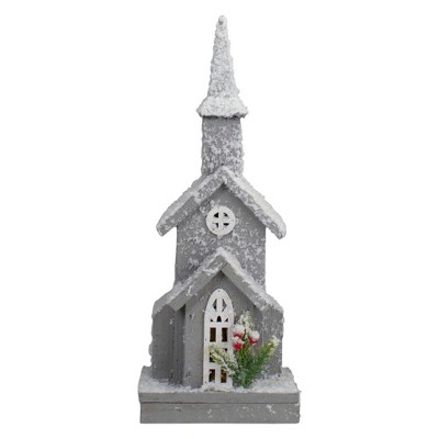 Northlight Lighted Snowy Church with Berry Pine Christmas Decoration - 16" - Gray and White