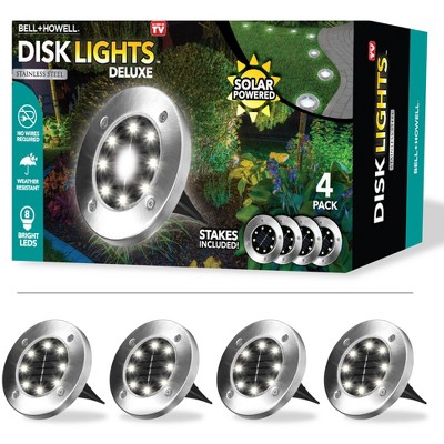 Bell + Howell 8 LED Solar Powered Disk Lights, Outdoor Pathway Lights, Waterproof, Auto On/Off, Rust Resistant