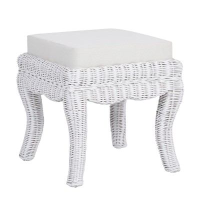 JONATHAN Y Rowan 19.7" Bohemian Designer Woven Rattan/Wood Ottoman Vanity Stool, White Cushion Seat