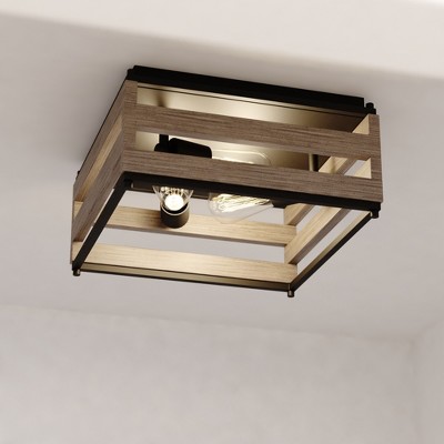 VAXCEL Ravenswood 13-in W Black and Wood Slat Square Farmhouse Flush Mount Ceiling Light Fixture