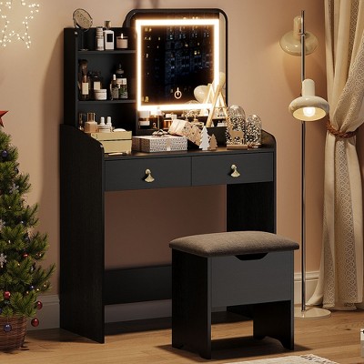 WhizMax Vanity Desk with LED Light Mirror and Charging Station, Small Makeup Vanities with Storage Stool for Girls Women, Vanity Table for Bedroom