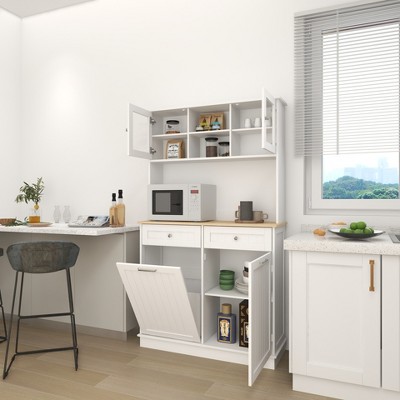 KWPZQEB Kitchen Pantry Cabinet, Farmhouse Kitchen Tilt Out Trash Cabinet, Barn Door & 3 Adjustable Shelves, Large Kitchen Cabinet for Kitchen, White