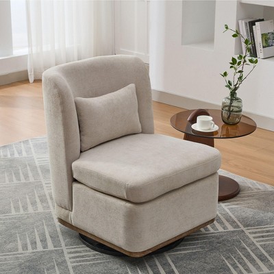 PAGED 25.2 "Wide Modern Chenille Accent Chair, Armless Metal Base 360° Swivel Chair with Pillow, Suitable for Living Room, Bedroom, Beige