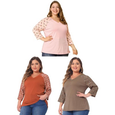 Agnes Orinda Women's Plus Size Floral Print V Neck 3/4 Sleeve Raglan Packs Oversize Peasant Tops