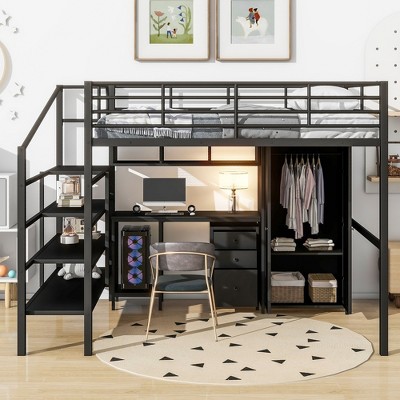 YOOCOZZ Full Size Metal Loft Bed with Table Set, Ladder Shelves, and Built-in Wardrobe - Black
