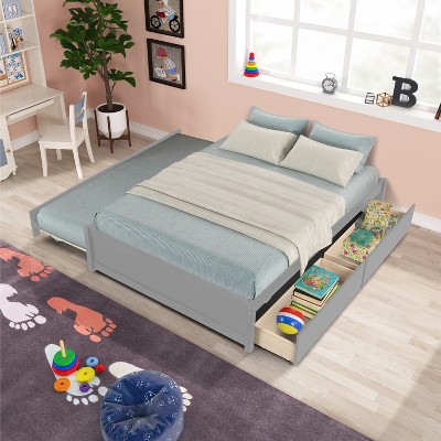 VASIP Espresso Full Size Bed Frame with Twin Trundle & 2 Storage Drawers -Space-Saving Design for Bedroom