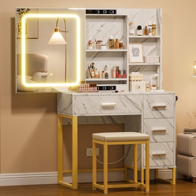 Vanity Desk, Makeup Vanity Desk with Mirror and Lights, Power Outlets, Vanity Table with Cushioned Chair