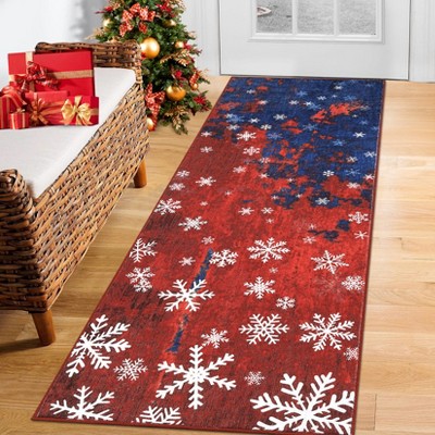 Washable Modern Snowflake Xmas Rug Non Slip Rug Soft Stain Resistant Rug Foldable Low Pile Carpet for Bedroom Living Room,Red Blue/2'x6'