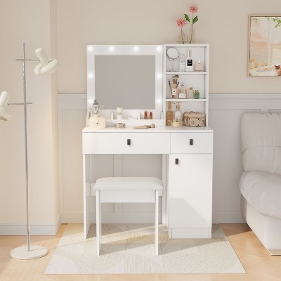 PAGED Vanity Desk with Mirror and Lights Modern Makeup Vanity with 3-Color Adjustable Light for Bedroom