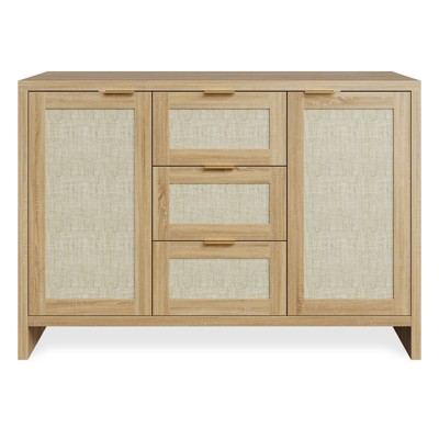 COZONY 47" Modern Rattan Buffet Cabinet Sideboard with Storage, Boho Credenza with Drawers & Doors, Wooden Coffee Bar Cabinet