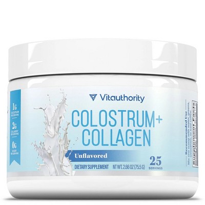 Colostrum + Collagen Powder, Colostrum Supplement with Collagen Peptides for Immunity, Hair, Skin & Nails, Unflavored, Vitauthority, 20 servings