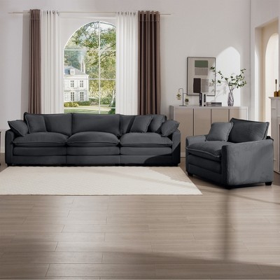 Mid-Century Modern 2-Piece Sofa Set, 3-Seater and Single-Seater, Corduroy with Arm and Throw Pillows