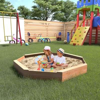 Large Wooden Cedar Sand Box, Wooden Octagon Kids Sandbox with Cover, Sandpit with 4 Benches and Bottom Liner Covered Sand Box for Kids Outdoor