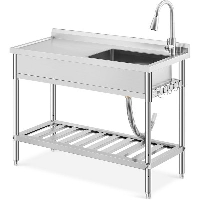 Stainless Steel Utility Sink, Freestanding Workstation with Hot/Cold Faucet, Includes Storage Shelf, Adjustable Legs for Indoor/Outdoor Use