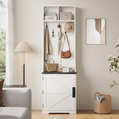 Modern Farmhouse Coat Rack Freestanding, 77" Hall Tree with Shoe Storage Cabinet, 5 Hooks & 2 Open Cubbies, Space Saving Entryway Furniture