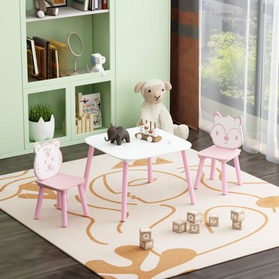 APRILSOUL 23.62 inch Wide Kids Table and Chair Set, 3-Piece Wooden Toddler Desk with Animal Backrest, Activity Table for Drawing Learning Playroom