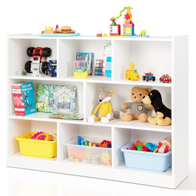 Tangkula Wood Storage Cube Bookcase 3 Tier 8 Cube Open Shelf Storage Cabinet with Anti-Toppling Devices Bookshelf Natural/Burlywood/Oak Grey/White