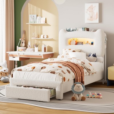 Upholstered Twin Bed Frame with 2-Tier Storage Headboard, LED Platform Bed with Charging Station and Drawer for Kids/Girls/Boys, No Box Spring Needed