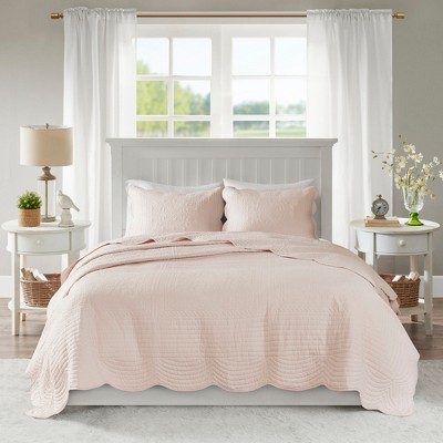 3 Pcs Elegant Reversible Scalloped Edge Quilt Set, Antimicrobial Elegant Touch Bedding for Hot Season, Classic Stitch Pattern Farmhouse Style Bed Set