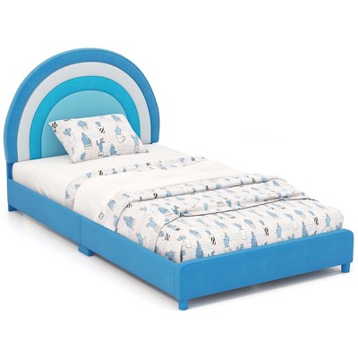 Tangkula Kids Twin Platform Bed Frame Upholstered Twin Size Bed w/ Wooden Slats Support