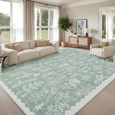 Washable Floral Runner Rug, Non-Slip, Low-Pile, Scalloped Pattern for Kitchen, Hallway, Laundry, Bathroom